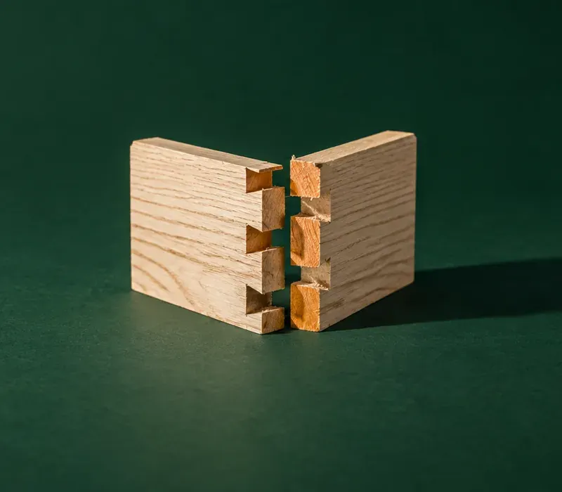 Two pieces of pale ash meeting in a hand-cut dovetail joint on a deep green ground, the pins and tails interlocked but not yet driven home, their cut faces catching a warm orange light.