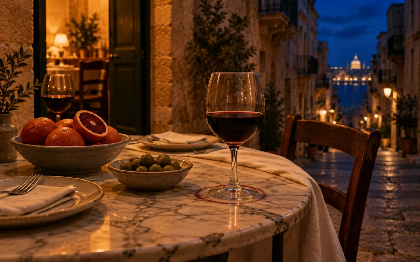 A marble-topped table for two laid on a Valletta street at night, with a glass of red wine, a dish of olives and a bowl of blood oranges, amber light spilling from the doorway behind.