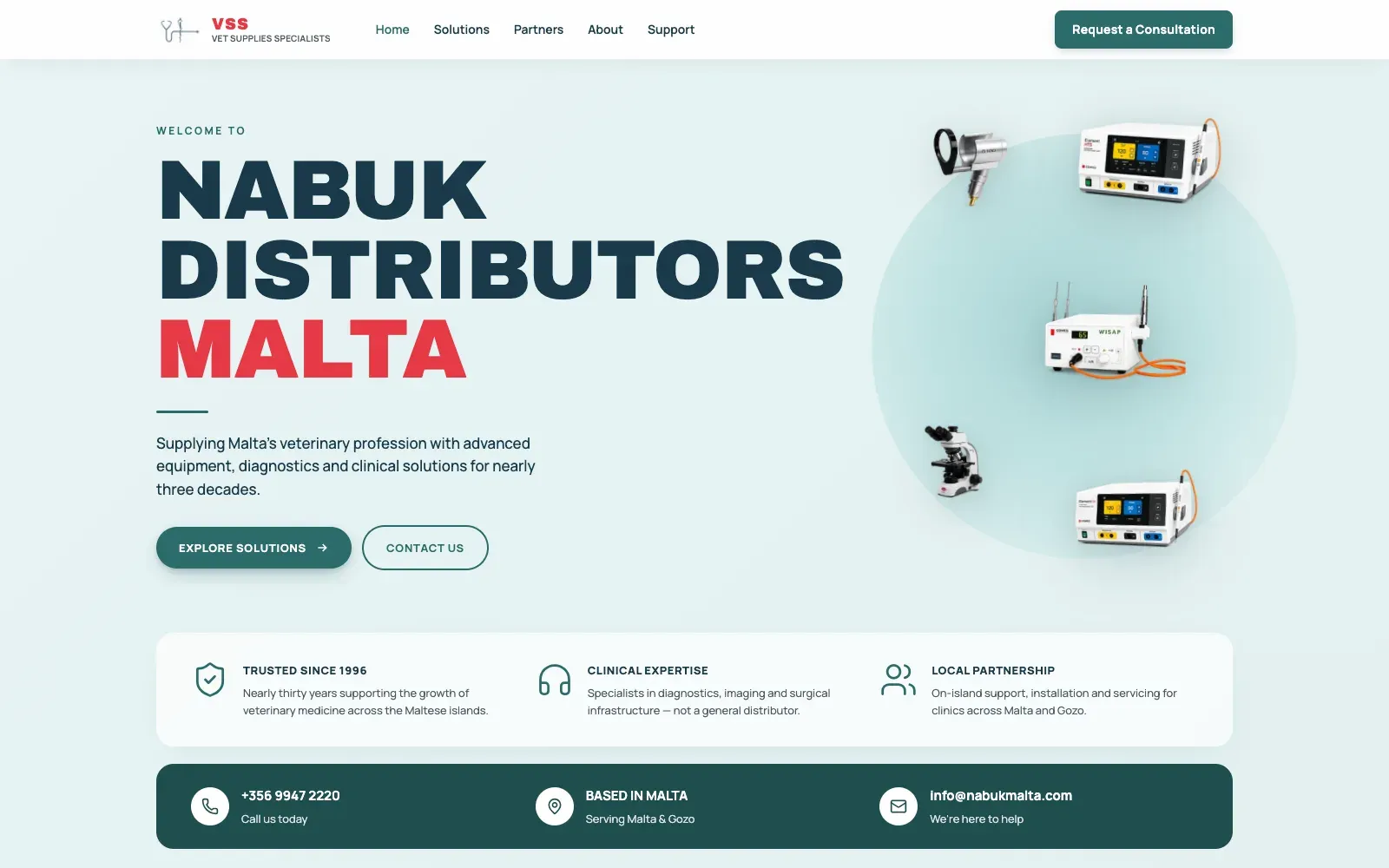 The Nabuk Distributors Malta website: veterinary equipment shown against a pale mint ground, with solutions, partners and support in the main navigation.