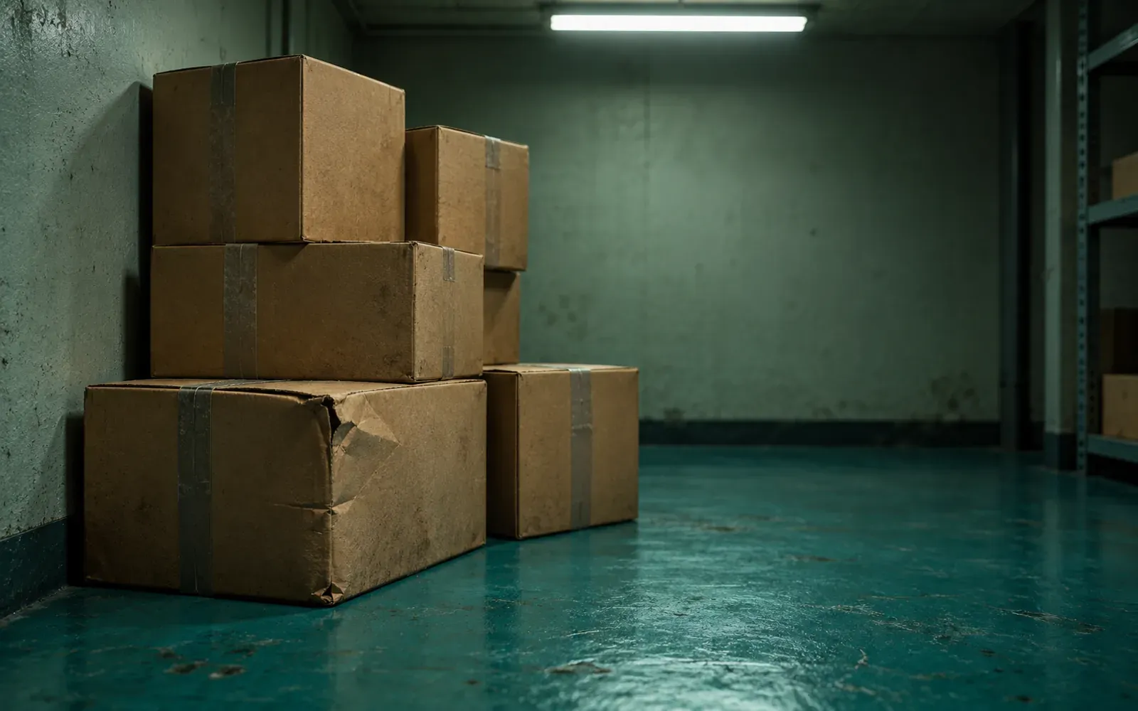 Unopened cardboard boxes stacked in a stockroom corner, tape seams grey with dust and one corner crushed, under a flat overhead fluorescent.