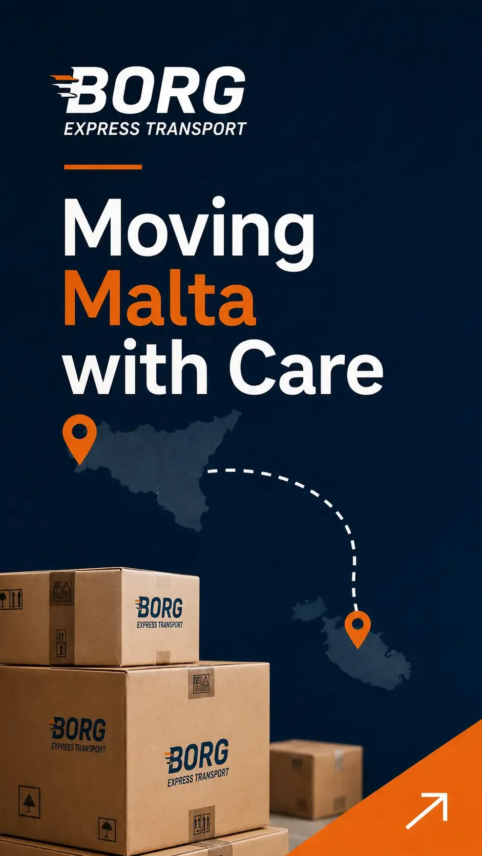 Story-format social creative for a transport business: navy ground, orange accents, stacked delivery boxes and a route across a map.
