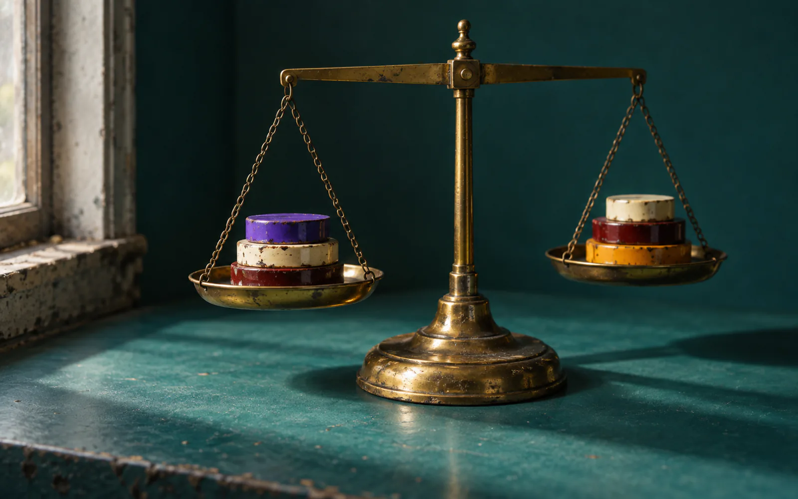 Brass balance scales on a teal ledge by a window, chipped enamel weights stacked on both pans.