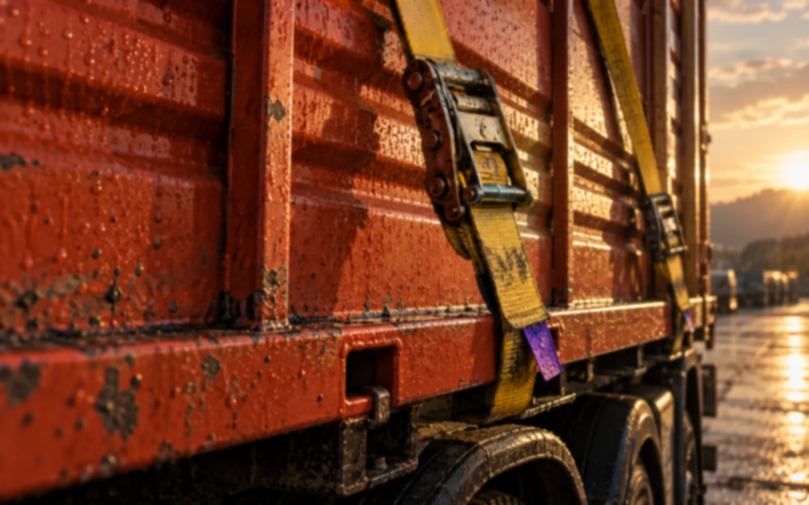 The side of an orange truck bed at sunrise, a yellow ratchet strap cinched over its rail, wet tarmac catching the light.