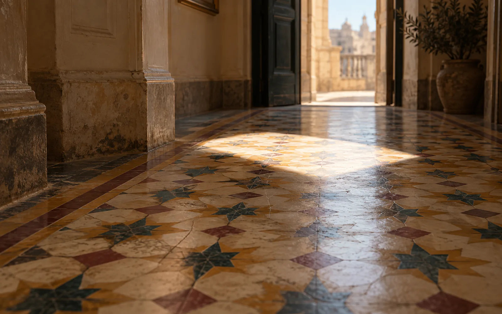 A palazzo corridor floored in patterned marble tiles, light from an open doorway falling across them towards a distant balcony.
