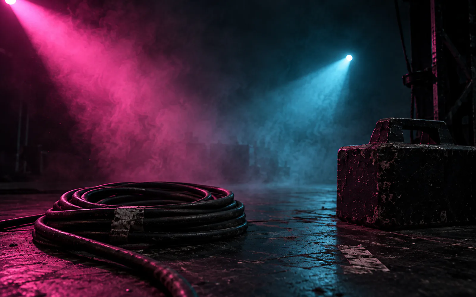 A coiled cable and a scuffed flight case on a wet stage floor, lit by one magenta and one cyan beam through haze.
