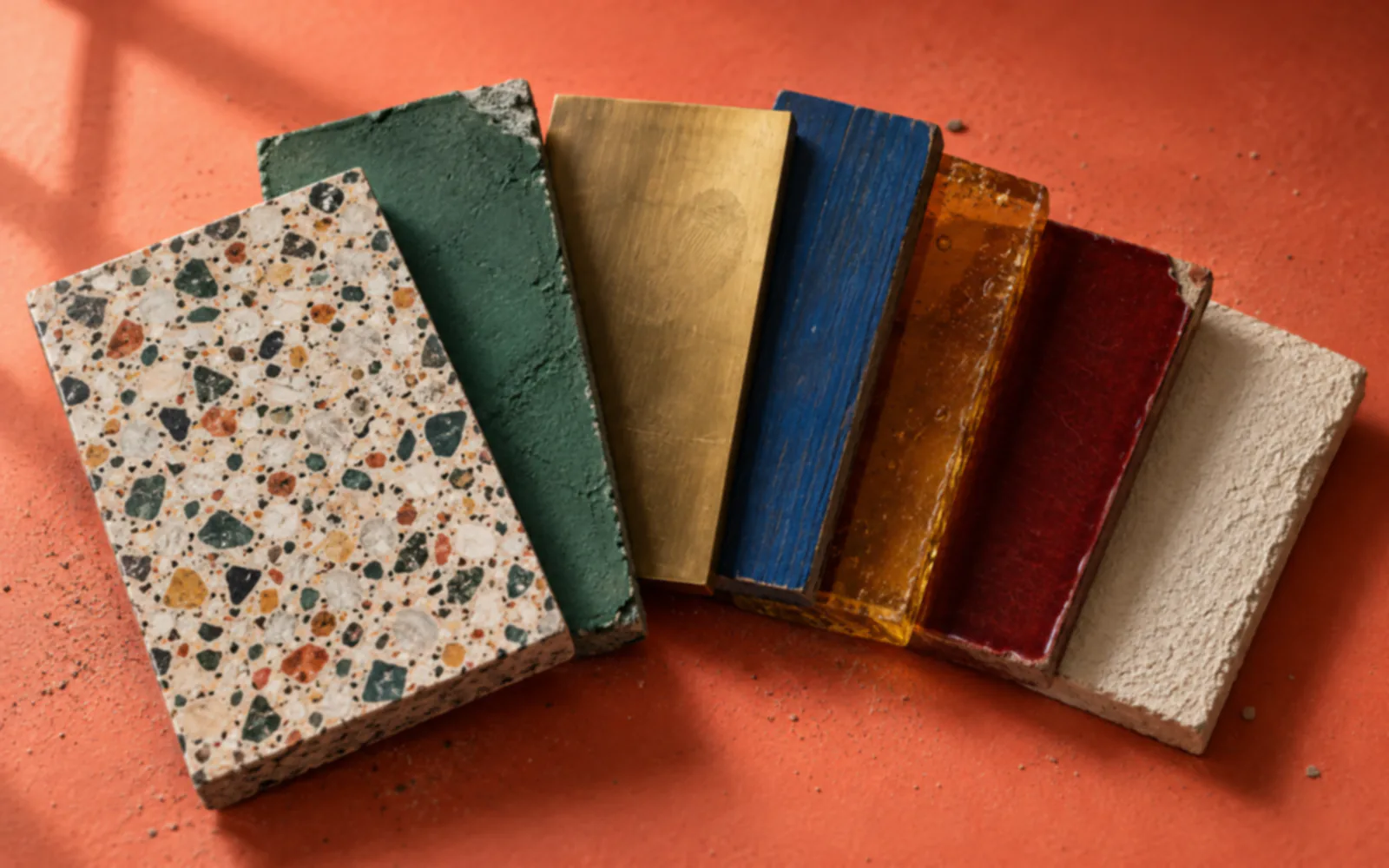 Seven material samples fanned out on a coral ground: terrazzo, green plaster, brass, blue lacquer, amber resin, red enamel and raw cream stone.