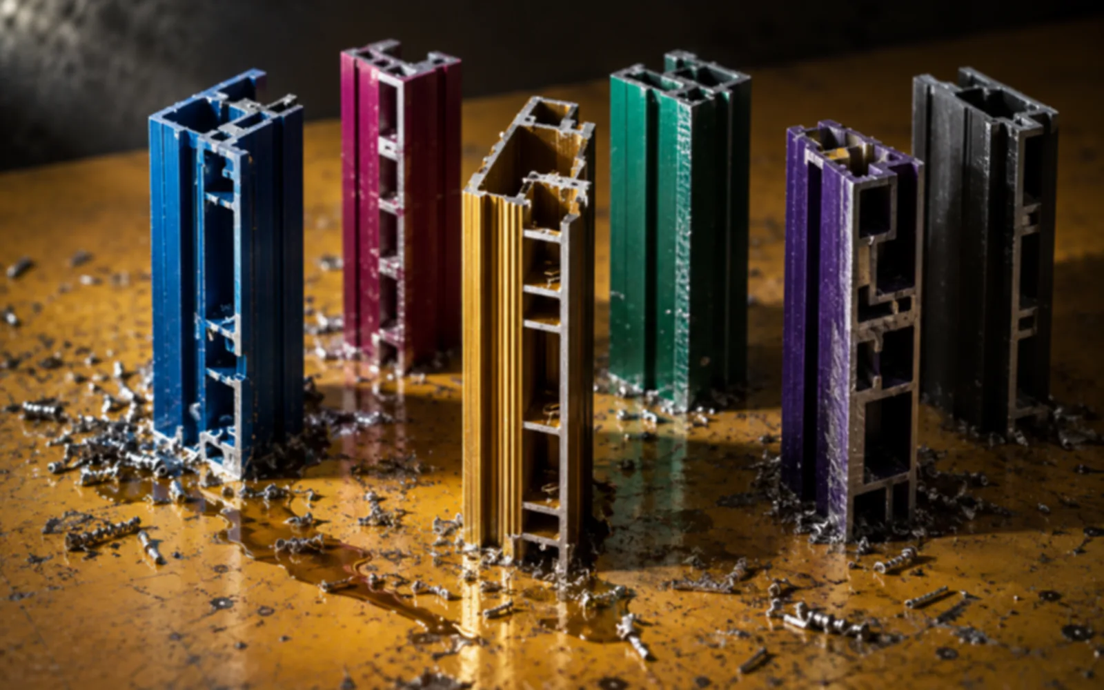 Six lengths of coloured aluminium extrusion standing upright on a gold workbench, cut swarf scattered around their bases.